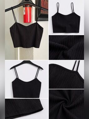 SHEIN Black Ribbed Double-Strap Crop Cami